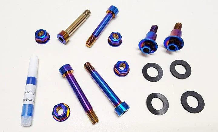Warp 9 Titanium Linkage Bolt Kit for Surron LBX with blue anodized bolts and lock nuts