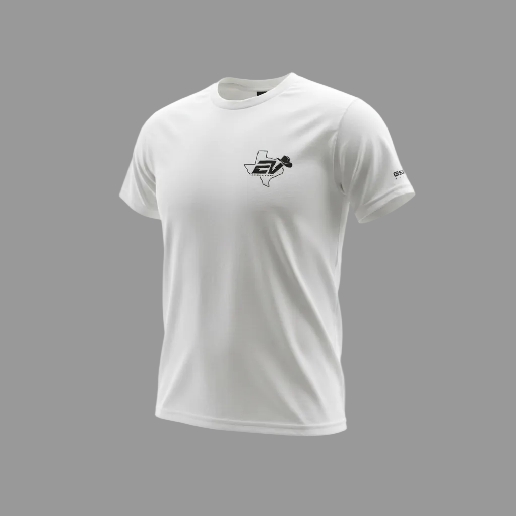 White EV Warehouse T-Shirt with Howdy logo, left chest pocket, and Gear'd Up sleeve logo in regular fit