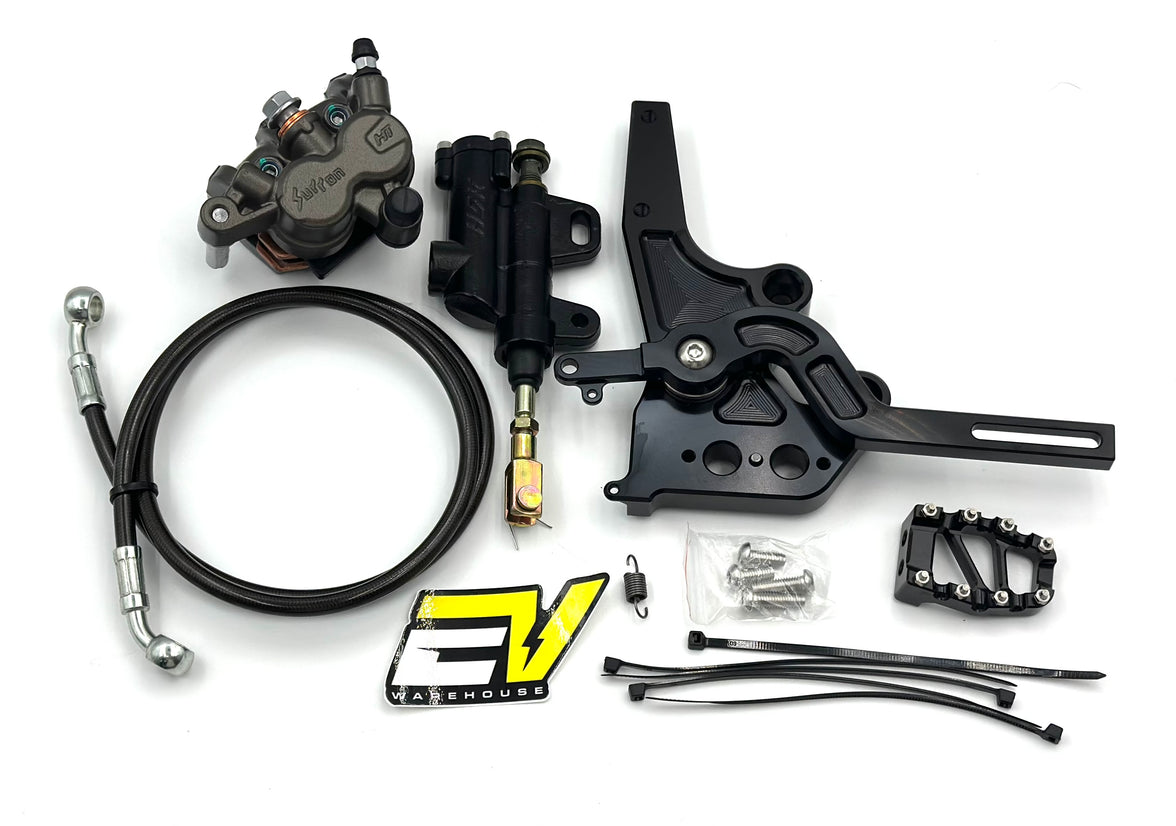 A motorcycle brake and clutch kit laid out on a white background, including a black brake caliper, black master cylinder, black brake hose, black footpeg, mounting hardware, zip ties, and a yellow and black EV Vendors logo decal.