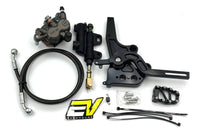 A motorcycle brake and clutch kit laid out on a white background, including a black brake caliper, black master cylinder, black brake hose, black footpeg, mounting hardware, zip ties, and a yellow and black EV Vendors logo decal.