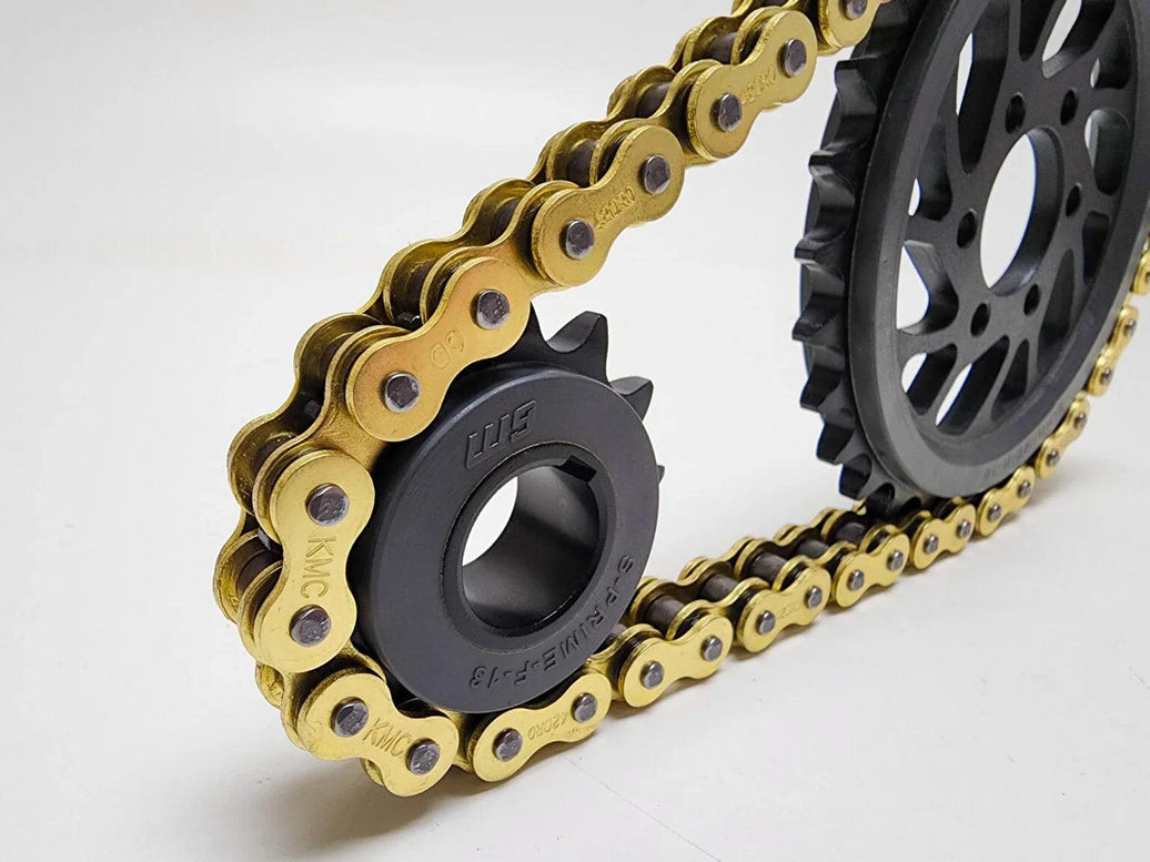 Warp 9 Chain Drive kit with black steel dampened sprockets and KMC 420 O ring chain for Surron Light Bee X