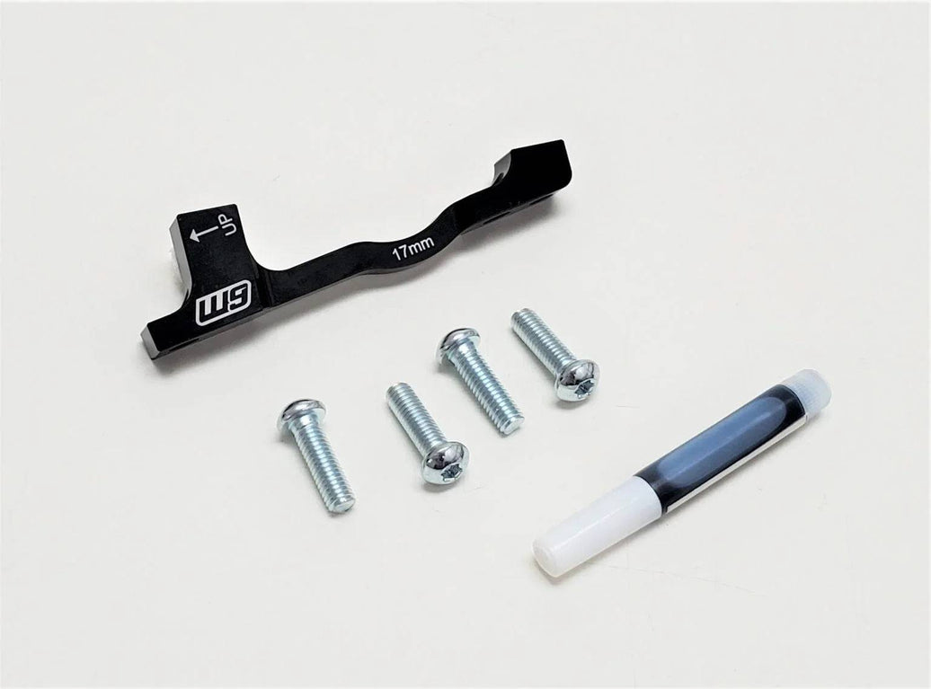 Warp 9 E-Moto front brake 220mm rotor adapter CNC machined black anodized aluminum with bolts and thread lock