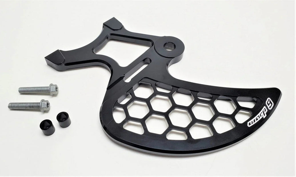 Warp 9 Surron LBX Rear Disk Guard protecting rear rotor from rocks and stumps with spacers and bolts for 203mm and 220mm rotors