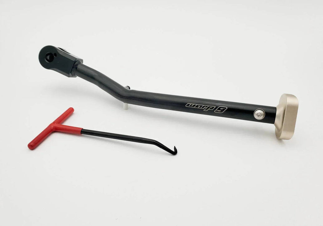 Warp 9 Surron Ultra Bee adjustable length kickstand with CNC steel pivot head and oversized aluminum footpad