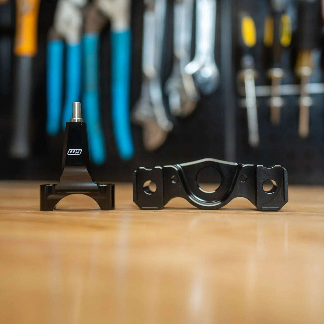 Warp 9 Surron Ultra Bee stabilizer mount with frame post for OEM and Flex Bar mounts