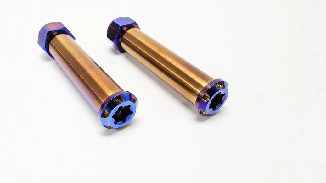 Warp 9 Ultra Bee titanium foot peg pivot pin in burnt blue with locking nut and T40 Torx head