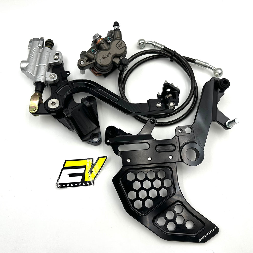 Surron Ultra Bee Complete Footbrake Kit w/ Dual Caliper Bracket black white background Gear’d up