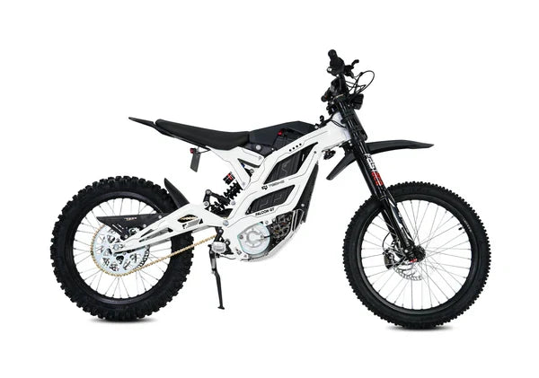 79Bike Falcon GT white and black electric dirt bike, side view