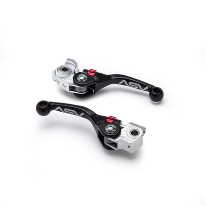 Two black ASV brake and clutch levers on a white background