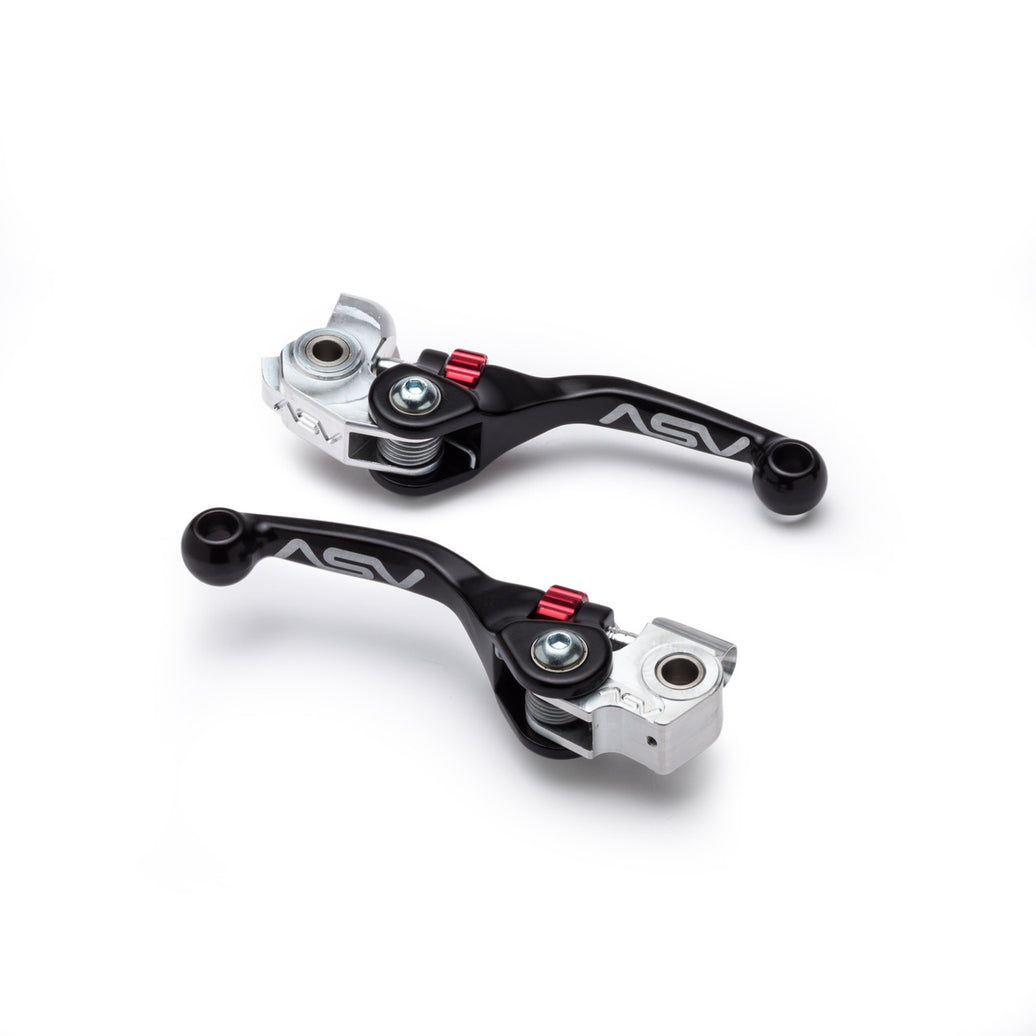 Two black ASV brake and clutch levers on a white background