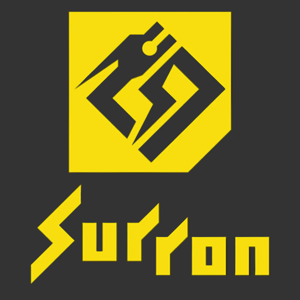 Logo with a stylized design and the word 'Surron' on a black background